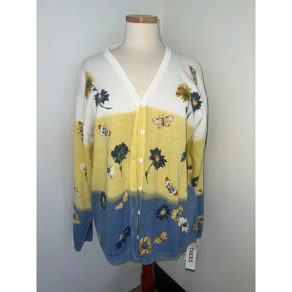 Teddi Vintage Floral Butterfly Cardigan Sweater XL Blue Yellow White Cotton